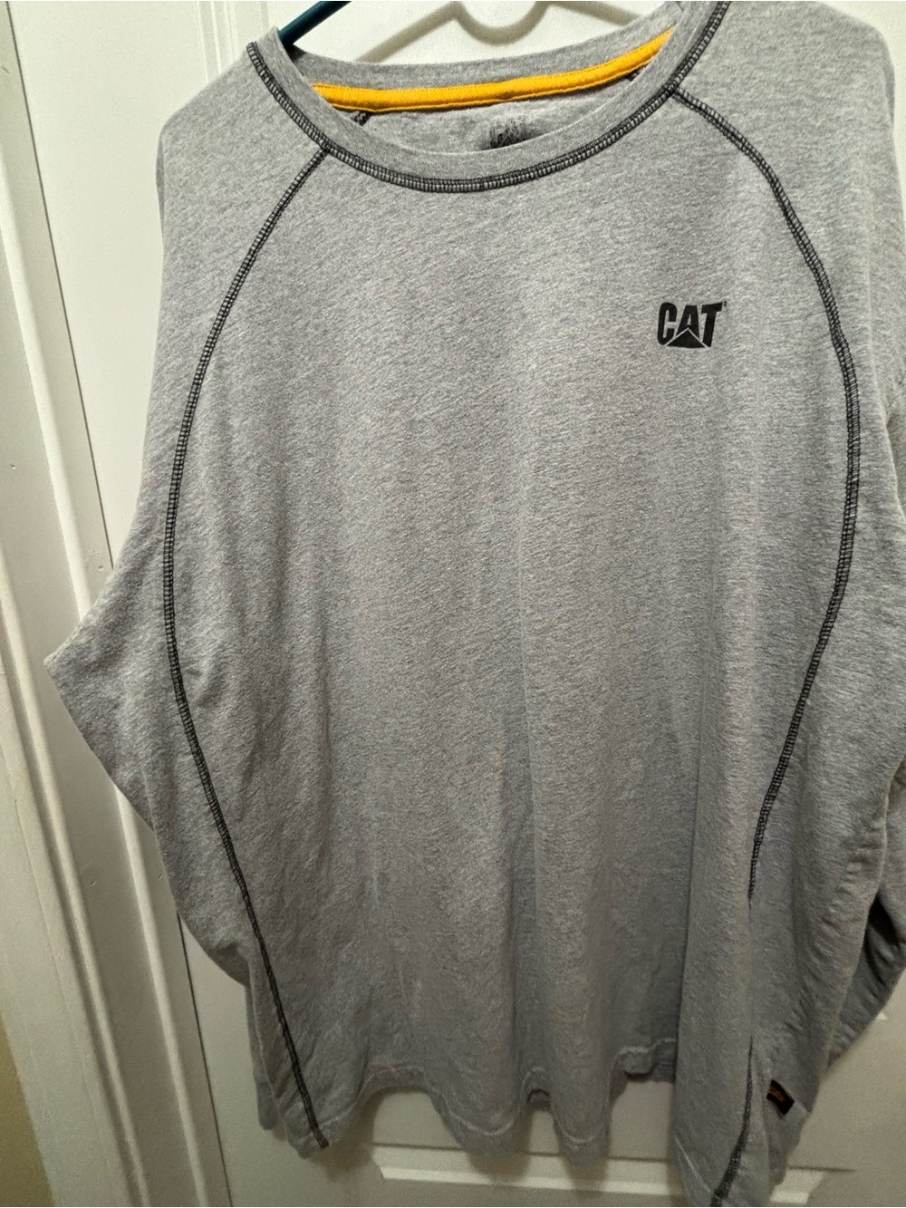 Caterpillar Gray Long Sleeve Logo Tee with Yellow Trim